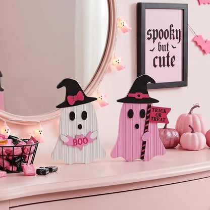 Pink Halloween Decor, Set of 2 Cute Halloween Ghost Decor, Witch Hat Boo & Trick or Treat Wooden Tabletop Signs for Home, Shelf, Tiered Tray Party Display, 5 Inch