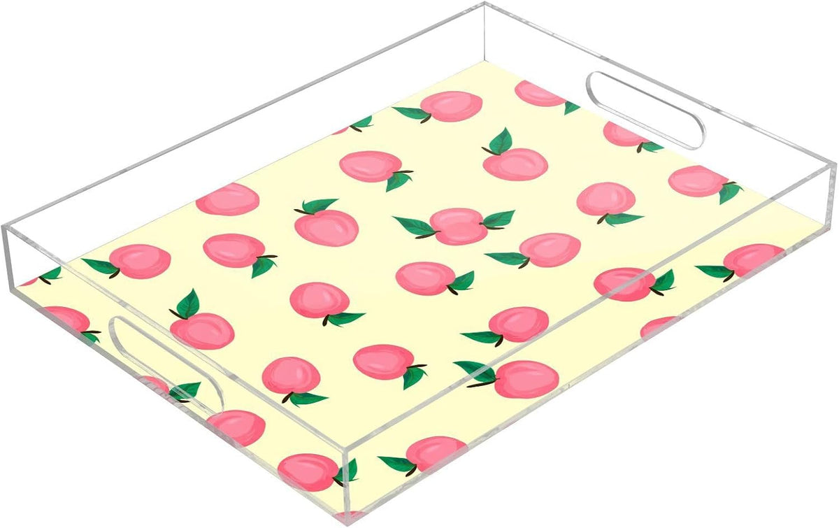 Pink Peaches Clear Acrylic Serving Tray Decorative Acrylic Trays for Breakfast, Bathroom Desk Organizer Storage Tray (15.7"x11.8")