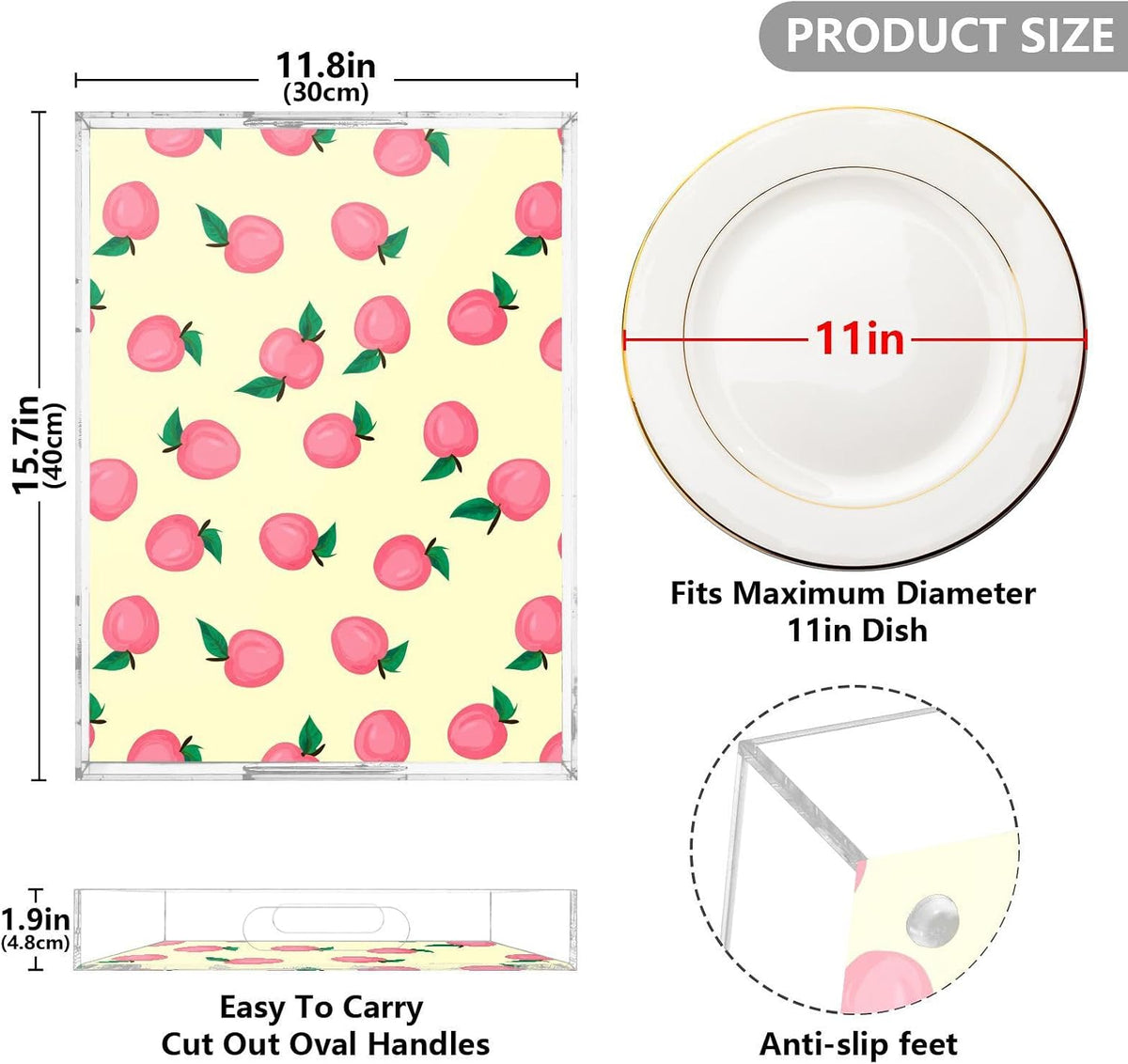 Pink Peaches Clear Acrylic Serving Tray Decorative Acrylic Trays for Breakfast, Bathroom Desk Organizer Storage Tray (15.7"x11.8")