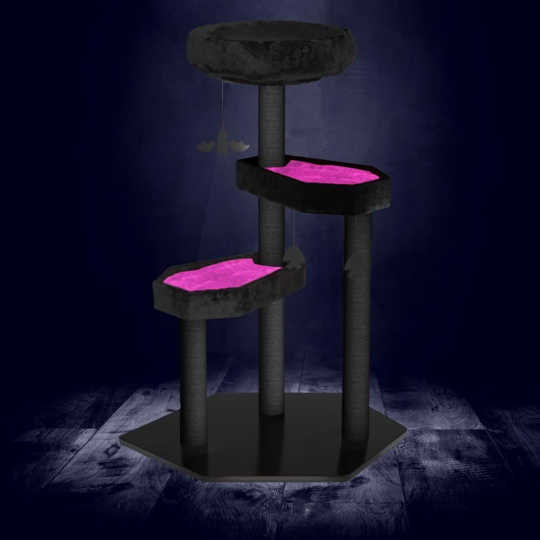 Multi-Level Gothic Cat Tree with Coffin Bed - 52.6" Black Cat Tower with Soft Mats (Red) (Pink, Large)