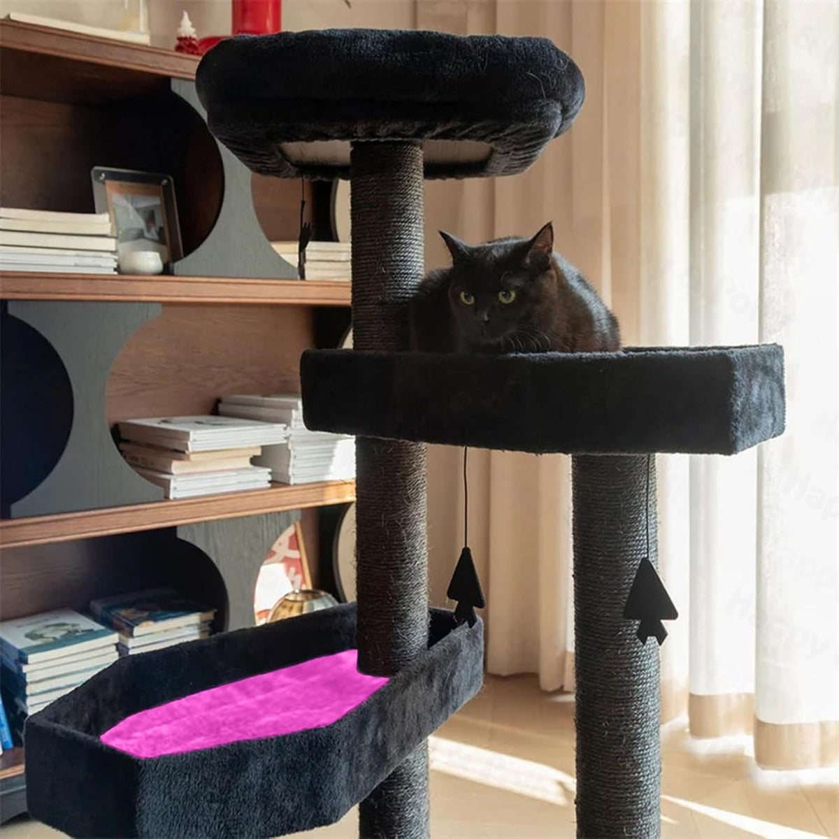 Multi-Level Gothic Cat Tree with Coffin Bed - 52.6" Black Cat Tower with Soft Mats (Red) (Pink, Large)