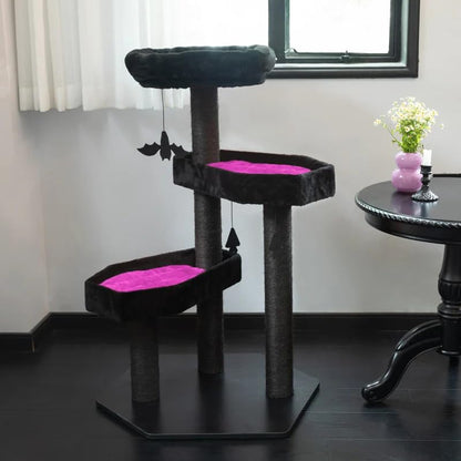 Multi-Level Gothic Cat Tree with Coffin Bed - 52.6" Black Cat Tower with Soft Mats (Red) (Pink, Large)