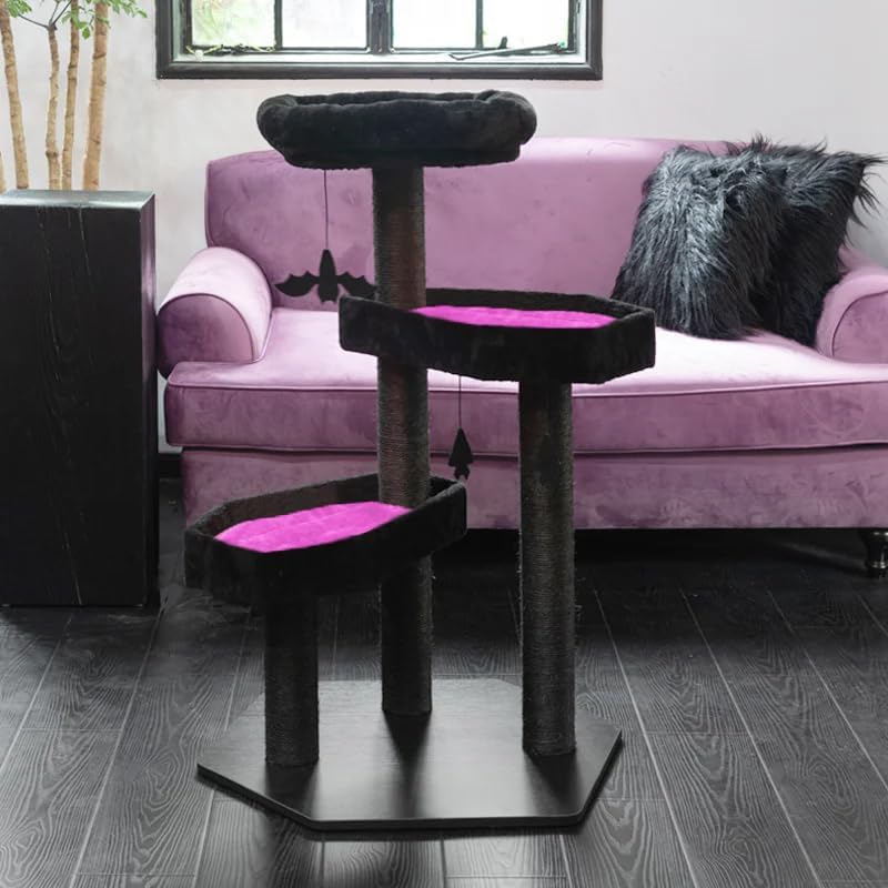 Multi-Level Gothic Cat Tree with Coffin Bed - 52.6" Black Cat Tower with Soft Mats (Red) (Pink, Large)