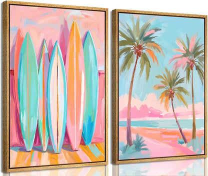 Pastel Beach Framed Wall Art Coastal Canvas Prints Palm Tree Surf Wall Decor Pink Blue Preppy Ocean Painting Abstract Boho Tropical Beachy Aesthetic Artwork for Home Bedroom 12x16in Ready to Hang