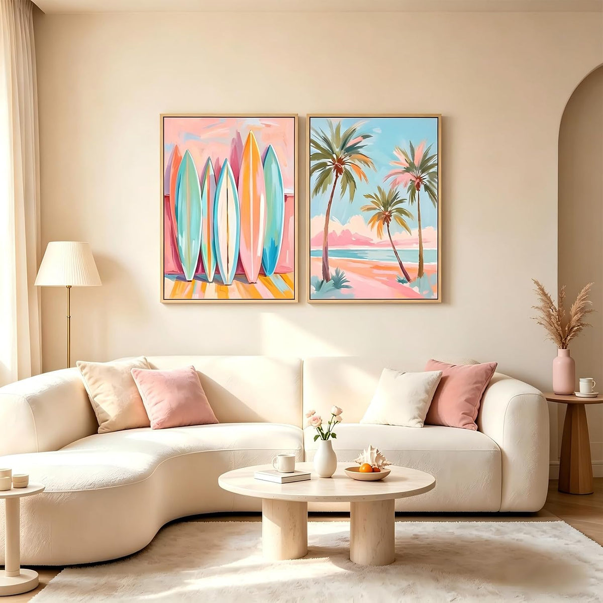 Pastel Beach Framed Wall Art Coastal Canvas Prints Palm Tree Surf Wall Decor Pink Blue Preppy Ocean Painting Abstract Boho Tropical Beachy Aesthetic Artwork for Home Bedroom 12x16in Ready to Hang