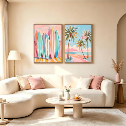 Pastel Beach Framed Wall Art Coastal Canvas Prints Palm Tree Surf Wall Decor Pink Blue Preppy Ocean Painting Abstract Boho Tropical Beachy Aesthetic Artwork for Home Bedroom 12x16in Ready to Hang