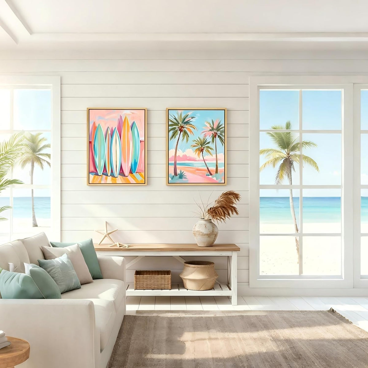 Pastel Beach Framed Wall Art Coastal Canvas Prints Palm Tree Surf Wall Decor Pink Blue Preppy Ocean Painting Abstract Boho Tropical Beachy Aesthetic Artwork for Home Bedroom 12x16in Ready to Hang