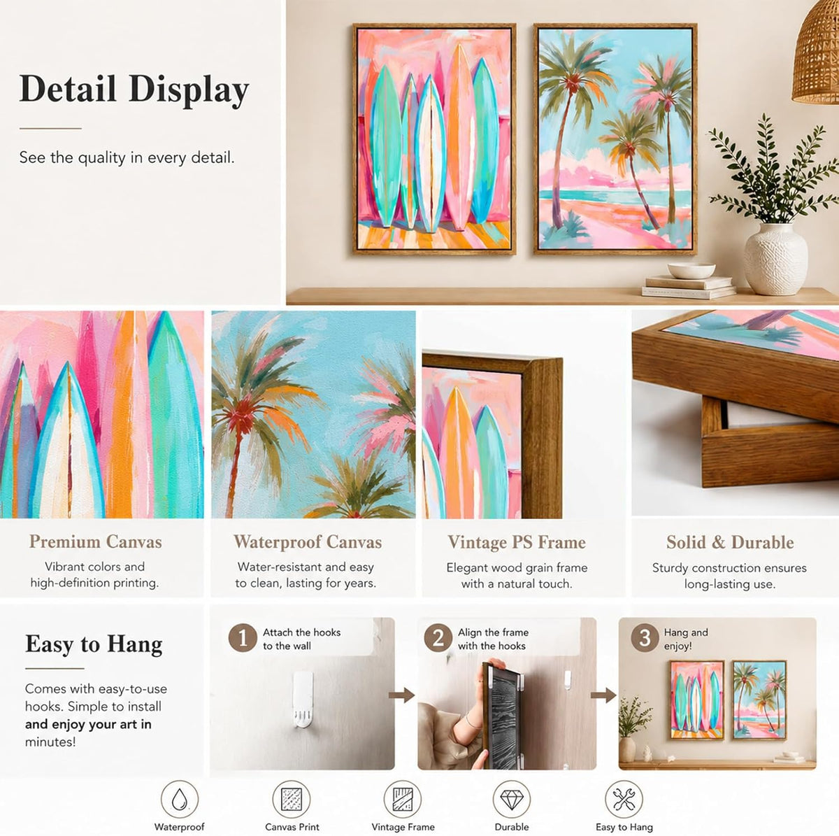 Pastel Beach Framed Wall Art Coastal Canvas Prints Palm Tree Surf Wall Decor Pink Blue Preppy Ocean Painting Abstract Boho Tropical Beachy Aesthetic Artwork for Home Bedroom 12x16in Ready to Hang