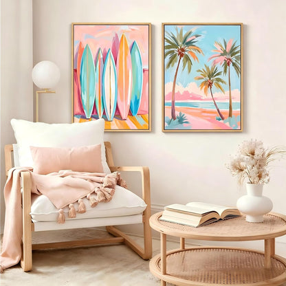 Pastel Beach Framed Wall Art Coastal Canvas Prints Palm Tree Surf Wall Decor Pink Blue Preppy Ocean Painting Abstract Boho Tropical Beachy Aesthetic Artwork for Home Bedroom 12x16in Ready to Hang