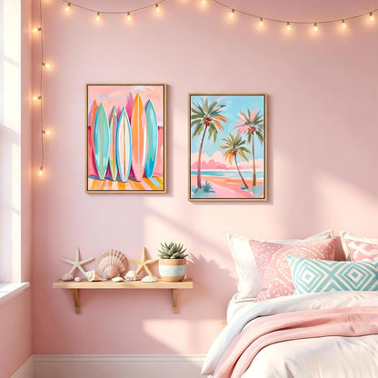 Pastel Beach Framed Wall Art Coastal Canvas Prints Palm Tree Surf Wall Decor Pink Blue Preppy Ocean Painting Abstract Boho Tropical Beachy Aesthetic Artwork for Home Bedroom 12x16in Ready to Hang