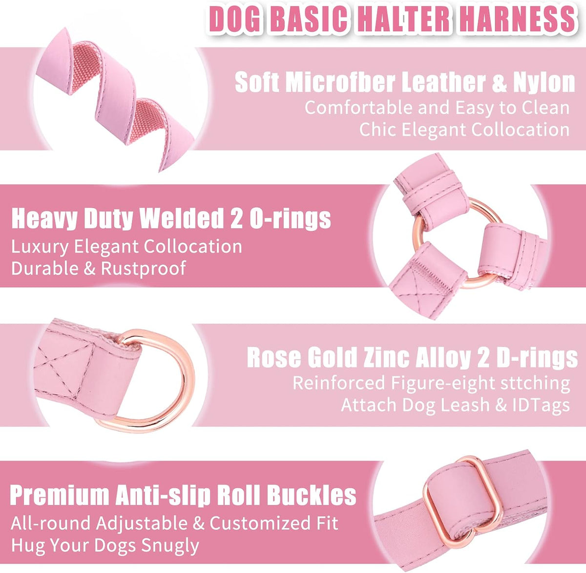 Soft Leather No Pull Dog Harness - Adjustable Step in Dog Harness with Rose Gold Heavy Duty Metal Buckle, Freedom Nylon Dog Halter Vests for Small Medium Large Dogs Easy Walking Training (Pink,S)