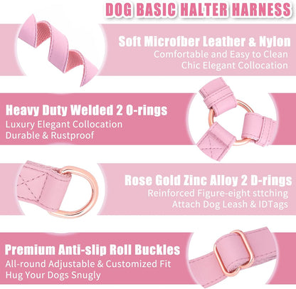 Soft Leather No Pull Dog Harness - Adjustable Step in Dog Harness with Rose Gold Heavy Duty Metal Buckle, Freedom Nylon Dog Halter Vests for Small Medium Large Dogs Easy Walking Training (Pink,S)