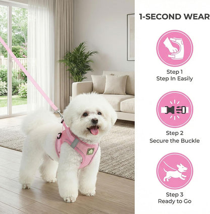 Dog Harness with Leash Set, No Pull Adjustable Reflective Step-in Puppy Harness with Thickened Padded Vest for Extra-Small/Small Medium Dogs (Pink, Medium)