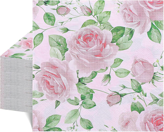 NatNarr 50 Pcs Pink Floral Napkins, 6.5 x 6.5 Inch Watercolor Pink Rose Napkins Vintage Flower Tea Party Napkins for Spring, Garden Party, Decoupage