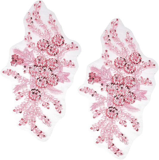2Pcs 3D Floral Embroidery Applique Polyester Sequin Flower Appliques Pink Beaded Lace Embroidered Sew on Tulle Patches for Sewing Making Crafts Clothes Wedding Bridal Gown Costumes Supply