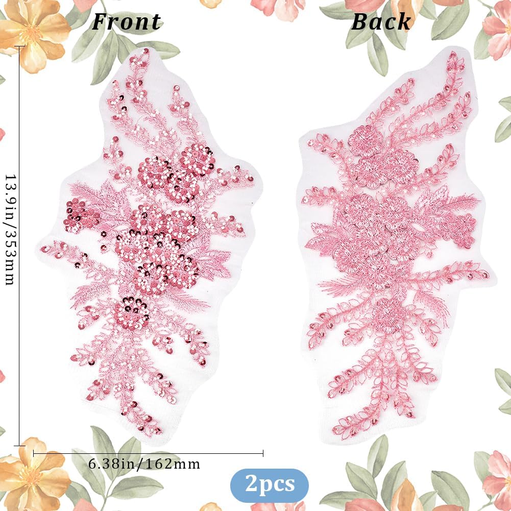 2Pcs 3D Floral Embroidery Applique Polyester Sequin Flower Appliques Pink Beaded Lace Embroidered Sew on Tulle Patches for Sewing Making Crafts Clothes Wedding Bridal Gown Costumes Supply