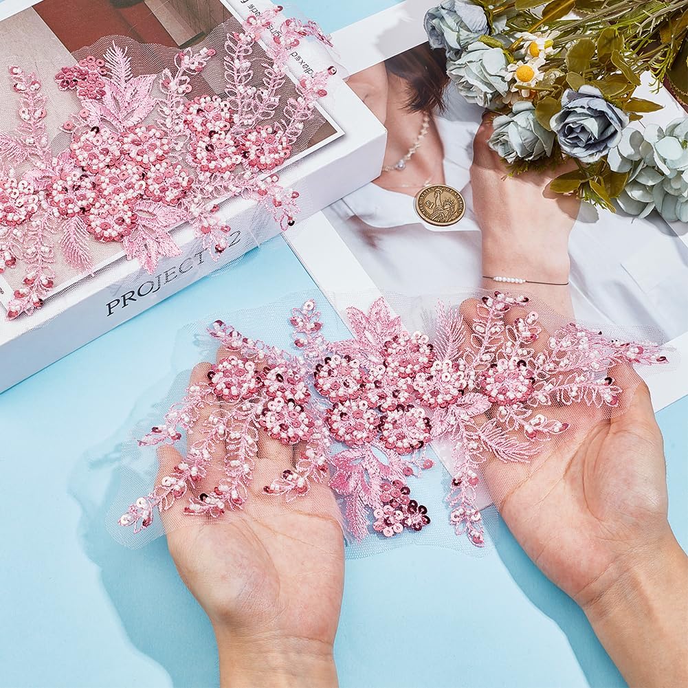 2Pcs 3D Floral Embroidery Applique Polyester Sequin Flower Appliques Pink Beaded Lace Embroidered Sew on Tulle Patches for Sewing Making Crafts Clothes Wedding Bridal Gown Costumes Supply
