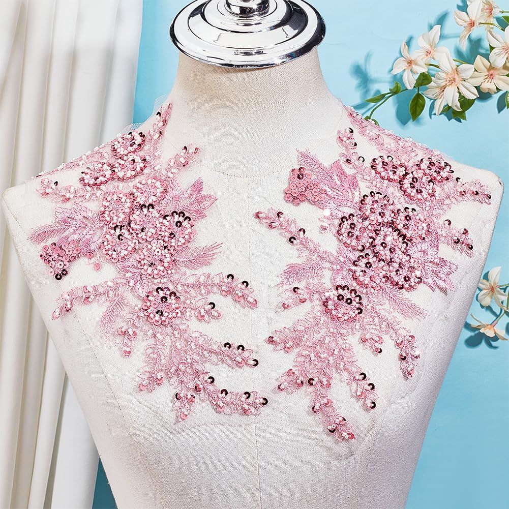 2Pcs 3D Floral Embroidery Applique Polyester Sequin Flower Appliques Pink Beaded Lace Embroidered Sew on Tulle Patches for Sewing Making Crafts Clothes Wedding Bridal Gown Costumes Supply
