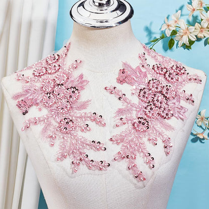 2Pcs 3D Floral Embroidery Applique Polyester Sequin Flower Appliques Pink Beaded Lace Embroidered Sew on Tulle Patches for Sewing Making Crafts Clothes Wedding Bridal Gown Costumes Supply