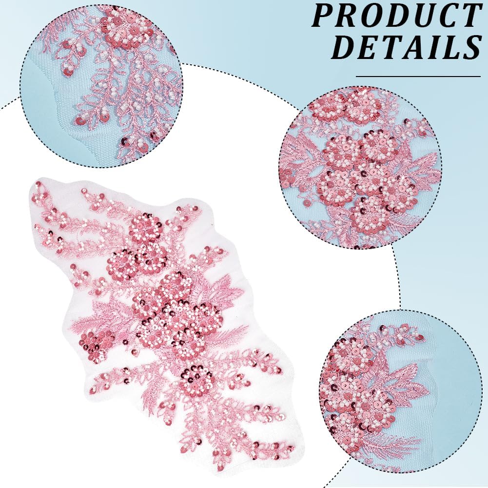 2Pcs 3D Floral Embroidery Applique Polyester Sequin Flower Appliques Pink Beaded Lace Embroidered Sew on Tulle Patches for Sewing Making Crafts Clothes Wedding Bridal Gown Costumes Supply