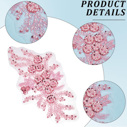 2Pcs 3D Floral Embroidery Applique Polyester Sequin Flower Appliques Pink Beaded Lace Embroidered Sew on Tulle Patches for Sewing Making Crafts Clothes Wedding Bridal Gown Costumes Supply