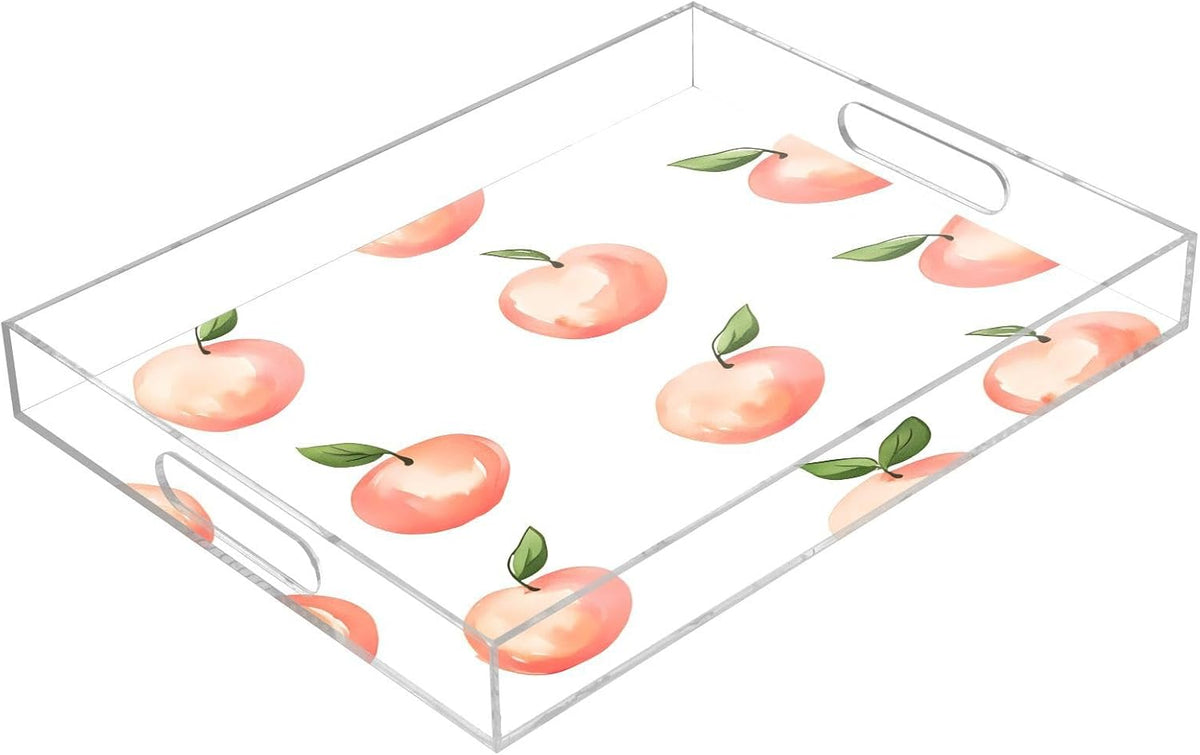 Peach Acrylic Serving Tray with Handles 12 x 16 Inch, Sturdy Spill-Proof & Non-Slip Decorative Tray for Kitchen Countertop, Bathroom Vanity Organizer, Ottoman Coffee Table