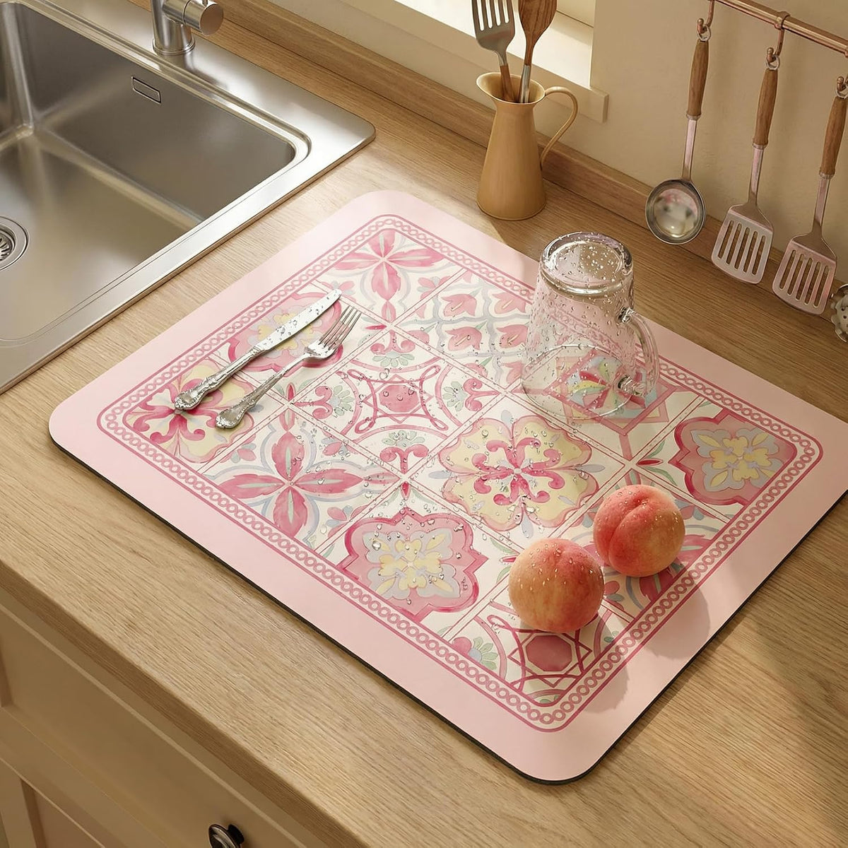 Boho Dish Drying Mat for Kitchen Counter - Super Absorbent Faux Leather Kitchen Mat, Quick Dry & Non-Slip Countertop Protector, Aesthetic Bohemian Decor for Coffee Bar (12"x19", Pink)