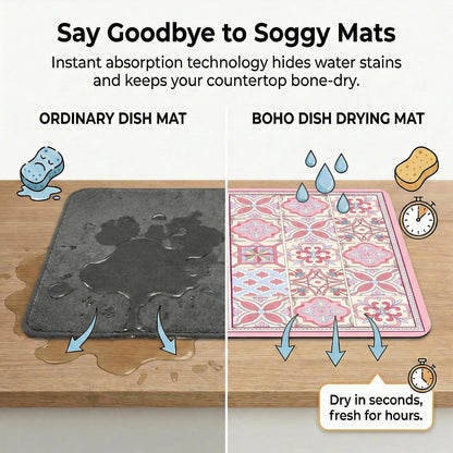 Boho Dish Drying Mat for Kitchen Counter - Super Absorbent Faux Leather Kitchen Mat, Quick Dry & Non-Slip Countertop Protector, Aesthetic Bohemian Decor for Coffee Bar (12"x19", Pink)