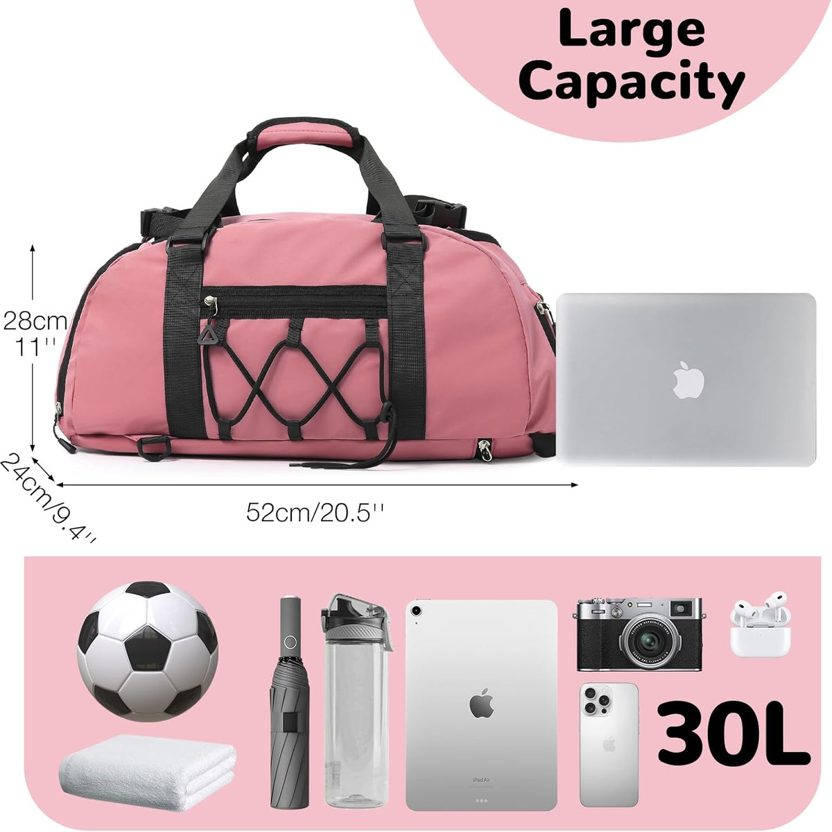 Womens Gym Bag, 30L Medium Size Sports Duffle Bag Backpack, Pink