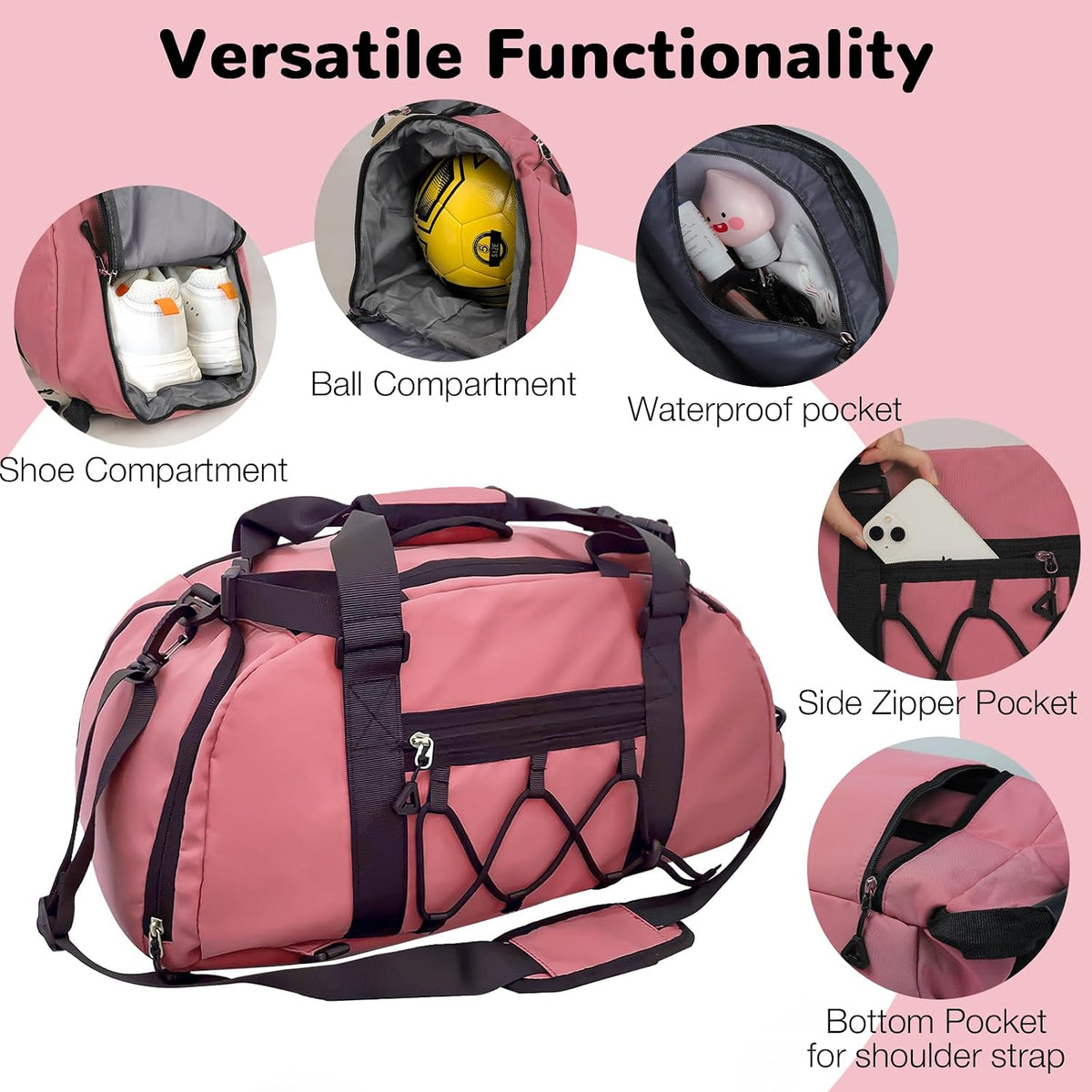 Womens Gym Bag, 30L Medium Size Sports Duffle Bag Backpack, Pink