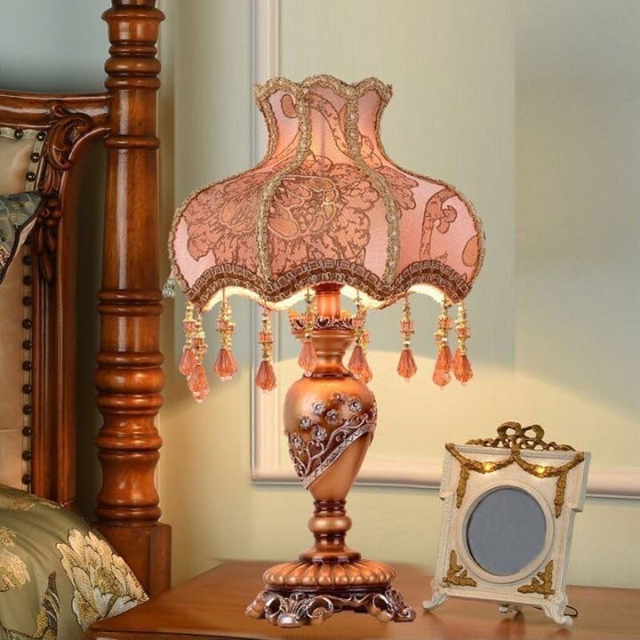 Vintage Pink Table Lamp, Princess Victorian Style Table Lamp with Lace,Bedside Lamps,Pleated Fabric Shade Desk Light,Antique Flower Night Light for Bedroom Living Room (E)