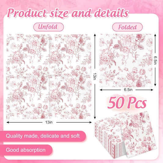 JarThenaAMCS 50 Pcs Pink Floral Paper Napkins Rose Gold Vintage Flower Disposable Luncheon Napkins Decorative Dinner Hand Napkin for Wedding Baby Bridal Shower Party Tableware Supplies