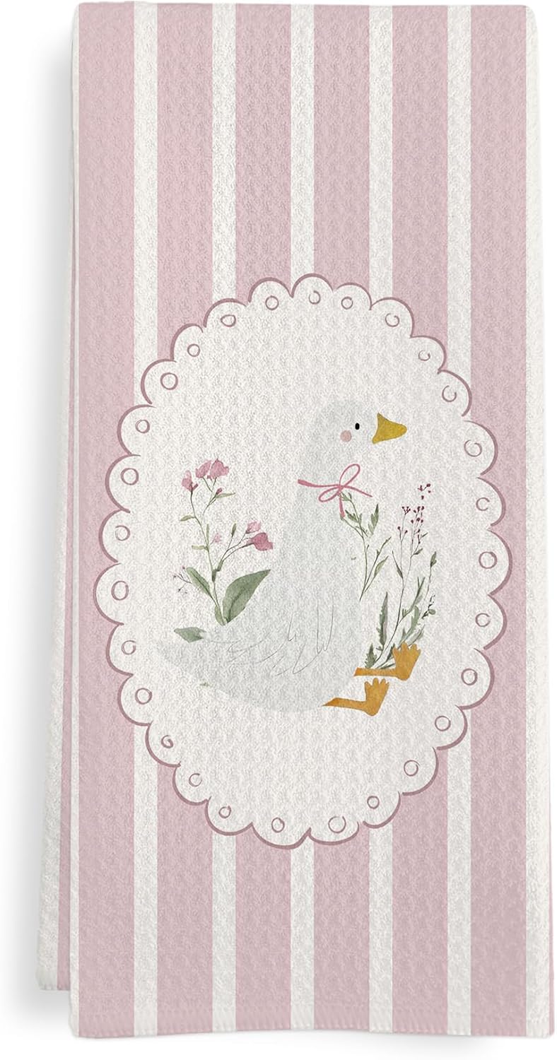 Goose Kitchen Towels, Goose Nursery Room Decor, Pink Cute Geese Dish Tea Towels for Kitchen Nursery, Coquette Preppy Geese Decorative Hand Towel for Bathroom Girls Room, 16x24 Inch