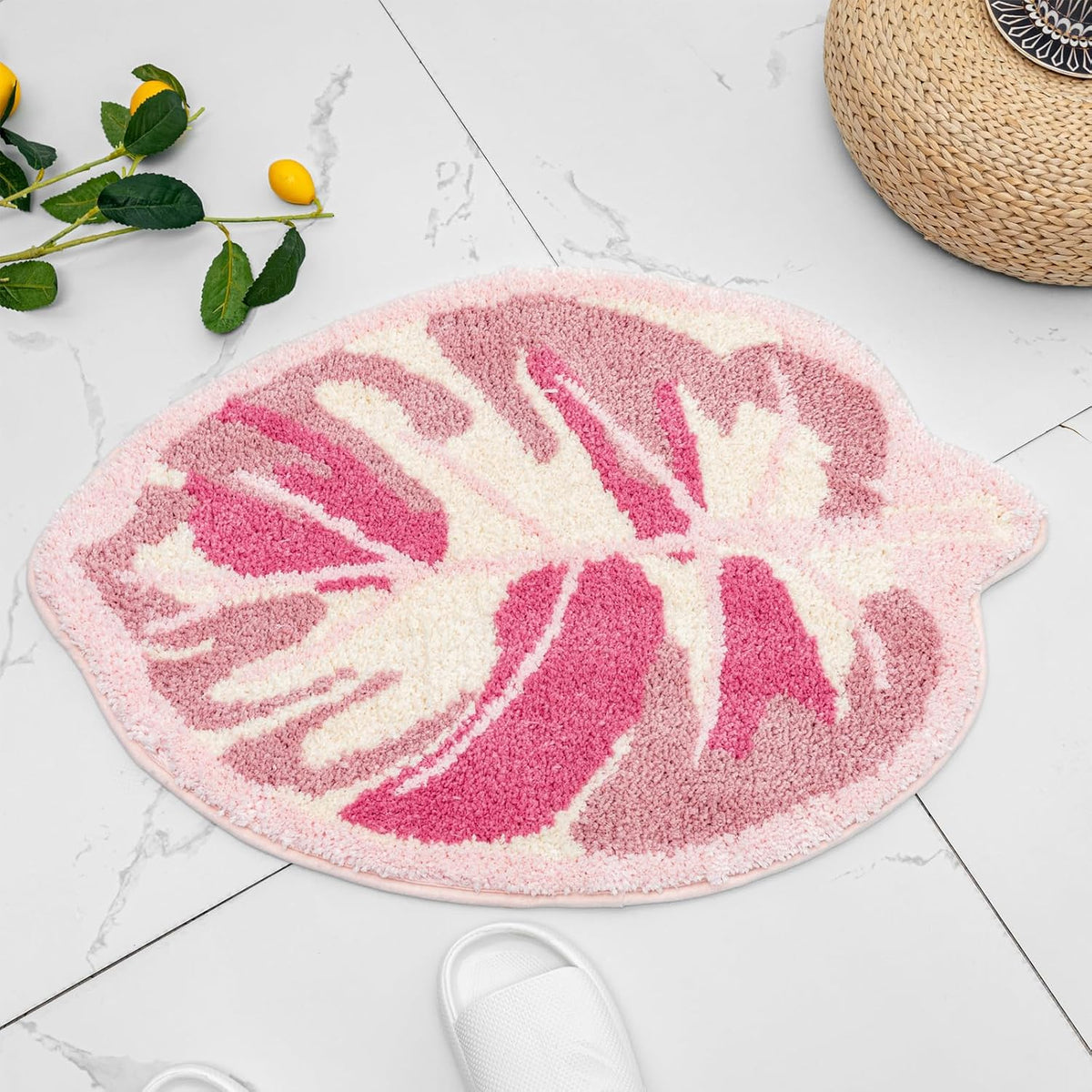 Pink Monstera Leaf Bath Mat, Cute Non-Slip Small Bathroom Rug