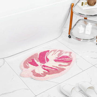 Pink Monstera Leaf Bath Mat, Cute Non-Slip Small Bathroom Rug