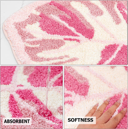 Pink Monstera Leaf Bath Mat, Cute Non-Slip Small Bathroom Rug