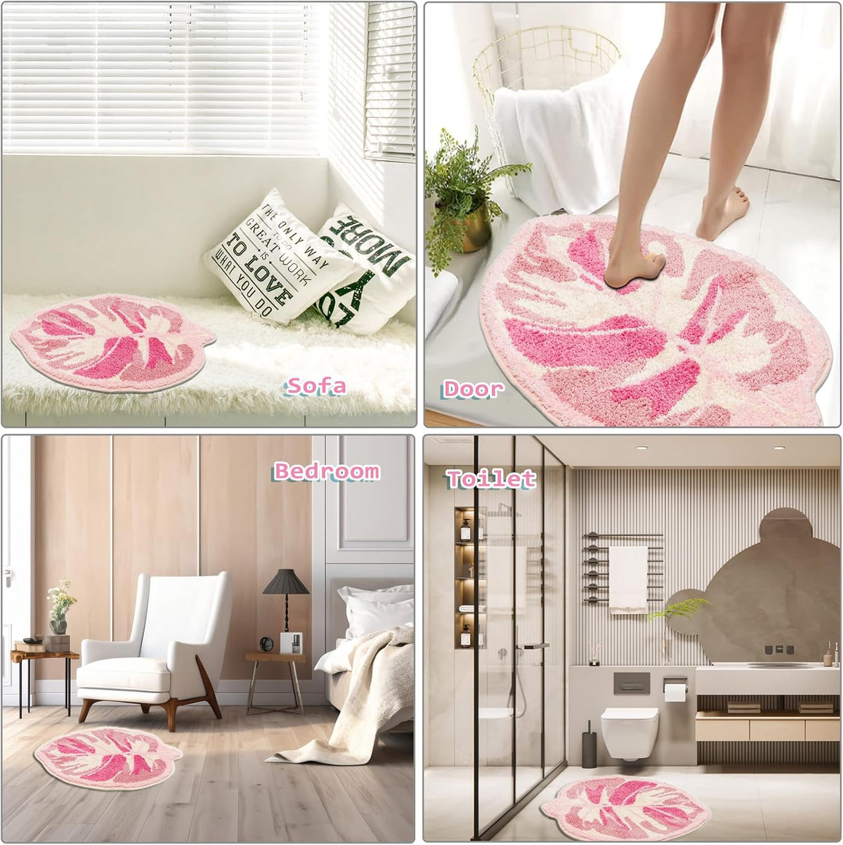 Pink Monstera Leaf Bath Mat, Cute Non-Slip Small Bathroom Rug