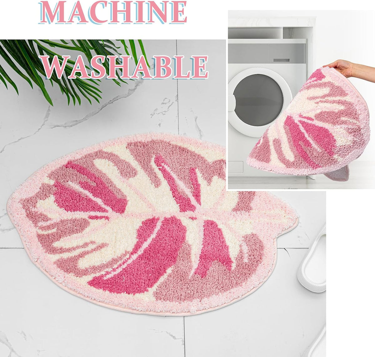 Pink Monstera Leaf Bath Mat, Cute Non-Slip Small Bathroom Rug