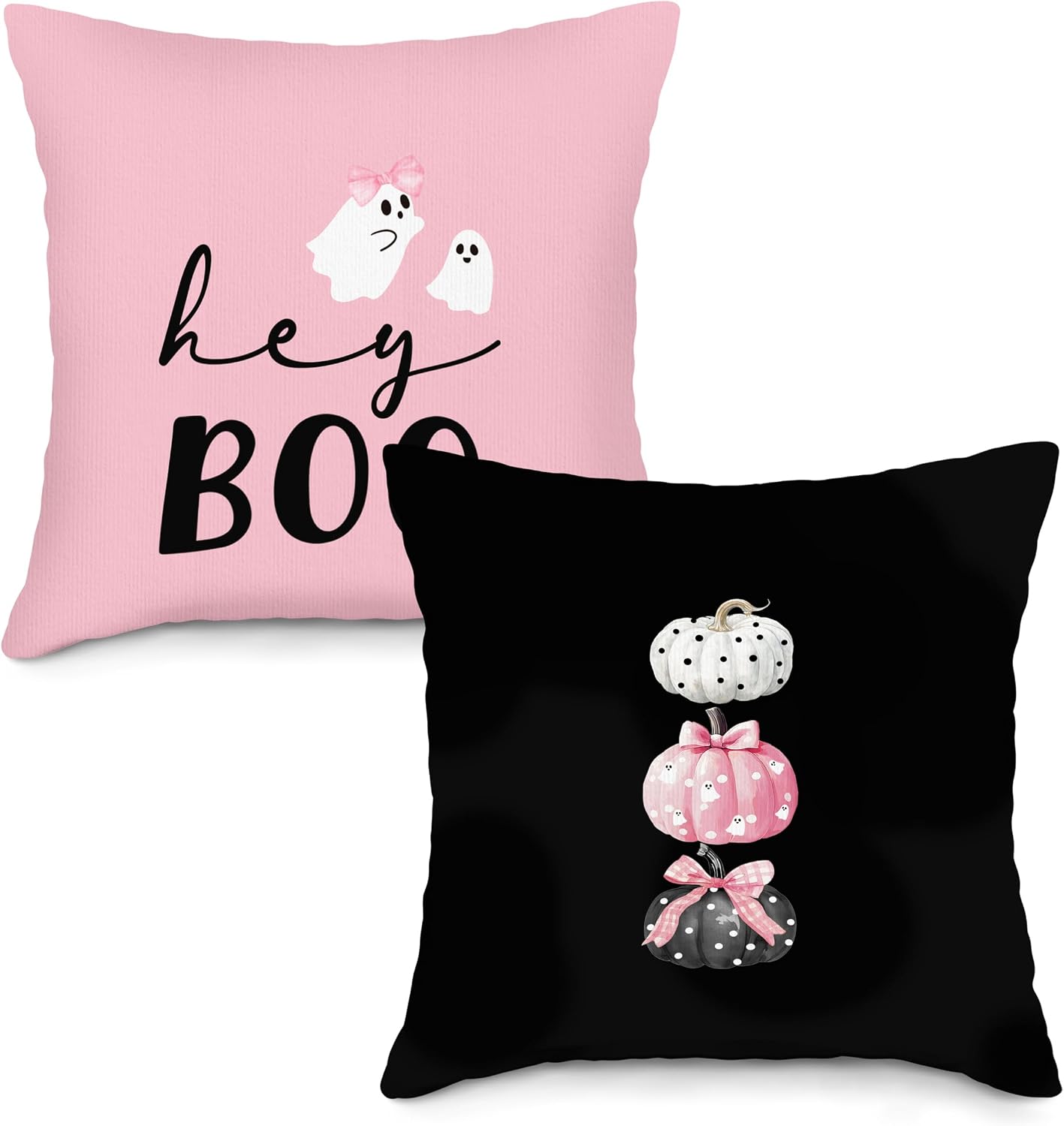 Halloween Hey Boo Throw Pillow Covers Set of 2, Pink Black Pumpkin Pillow Case Cover for Sofa Couch, Ghost Square Pillowcase, Halloween Decor Cushion Cover Case for Living Room, 18x18 Inch