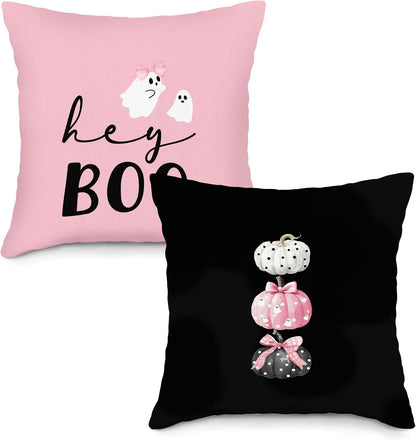 Halloween Hey Boo Throw Pillow Covers Set of 2, Pink Black Pumpkin Pillow Case Cover for Sofa Couch, Ghost Square Pillowcase, Halloween Decor Cushion Cover Case for Living Room, 18x18 Inch