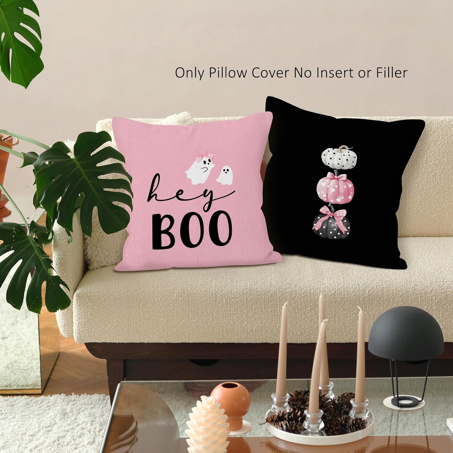 Halloween Hey Boo Throw Pillow Covers Set of 2, Pink Black Pumpkin Pillow Case Cover for Sofa Couch, Ghost Square Pillowcase, Halloween Decor Cushion Cover Case for Living Room, 18x18 Inch
