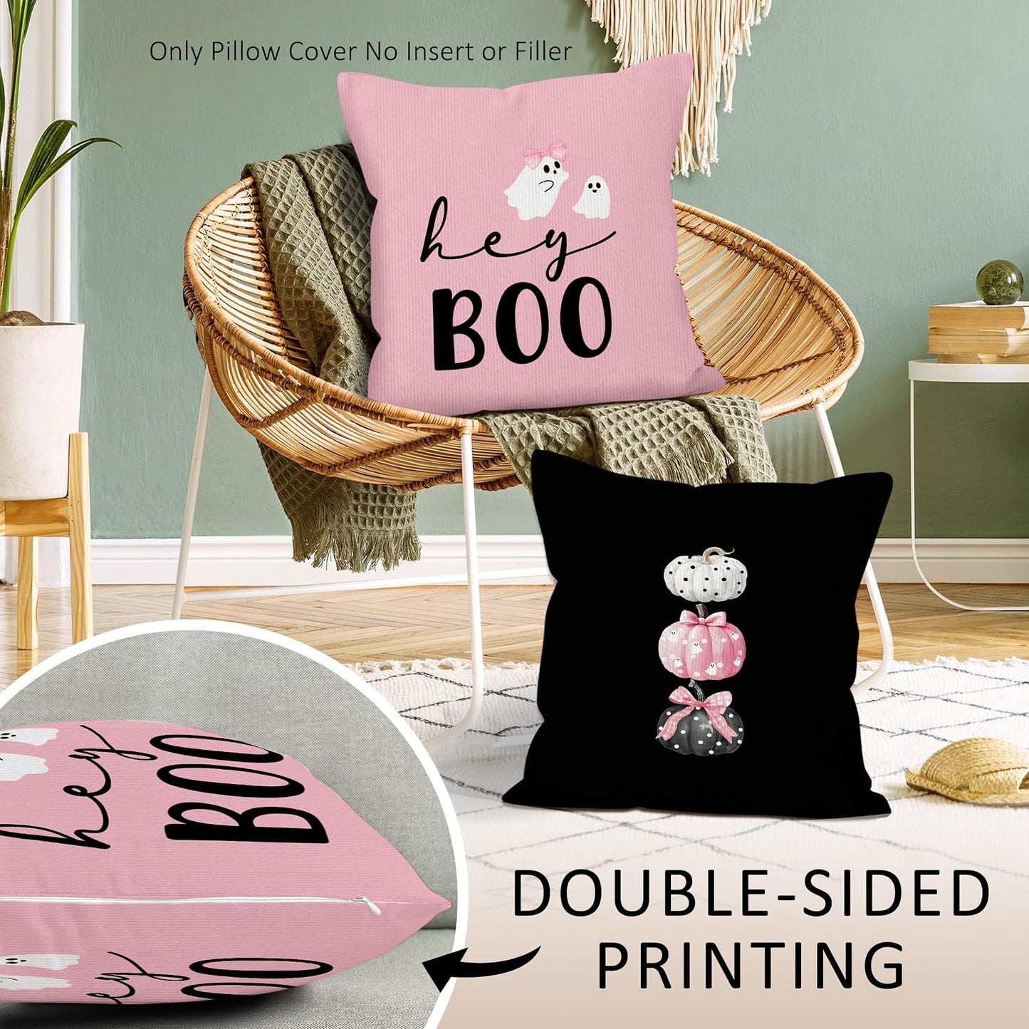 Halloween Hey Boo Throw Pillow Covers Set of 2, Pink Black Pumpkin Pillow Case Cover for Sofa Couch, Ghost Square Pillowcase, Halloween Decor Cushion Cover Case for Living Room, 18x18 Inch