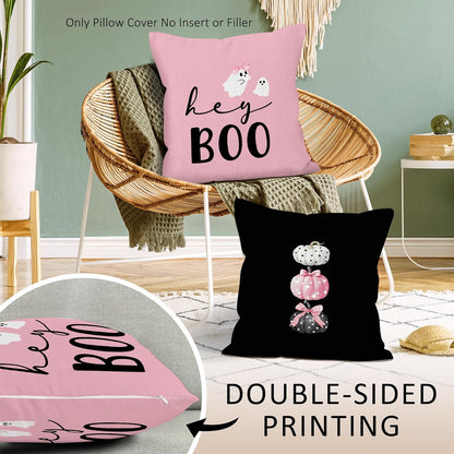 Halloween Hey Boo Throw Pillow Covers Set of 2, Pink Black Pumpkin Pillow Case Cover for Sofa Couch, Ghost Square Pillowcase, Halloween Decor Cushion Cover Case for Living Room, 18x18 Inch