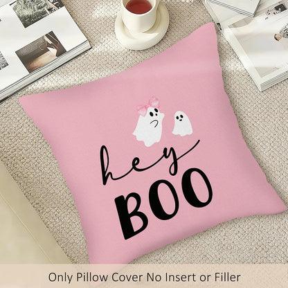 Halloween Hey Boo Throw Pillow Covers Set of 2, Pink Black Pumpkin Pillow Case Cover for Sofa Couch, Ghost Square Pillowcase, Halloween Decor Cushion Cover Case for Living Room, 18x18 Inch