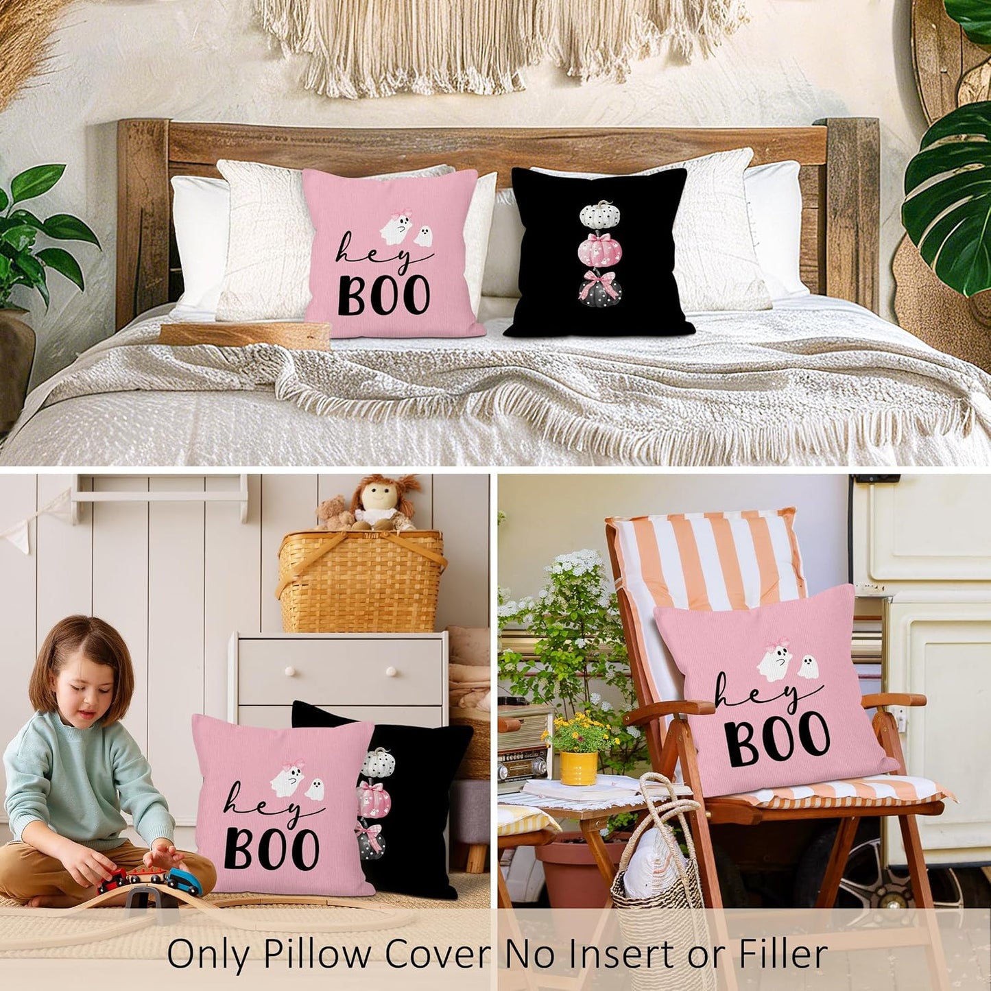 Halloween Hey Boo Throw Pillow Covers Set of 2, Pink Black Pumpkin Pillow Case Cover for Sofa Couch, Ghost Square Pillowcase, Halloween Decor Cushion Cover Case for Living Room, 18x18 Inch