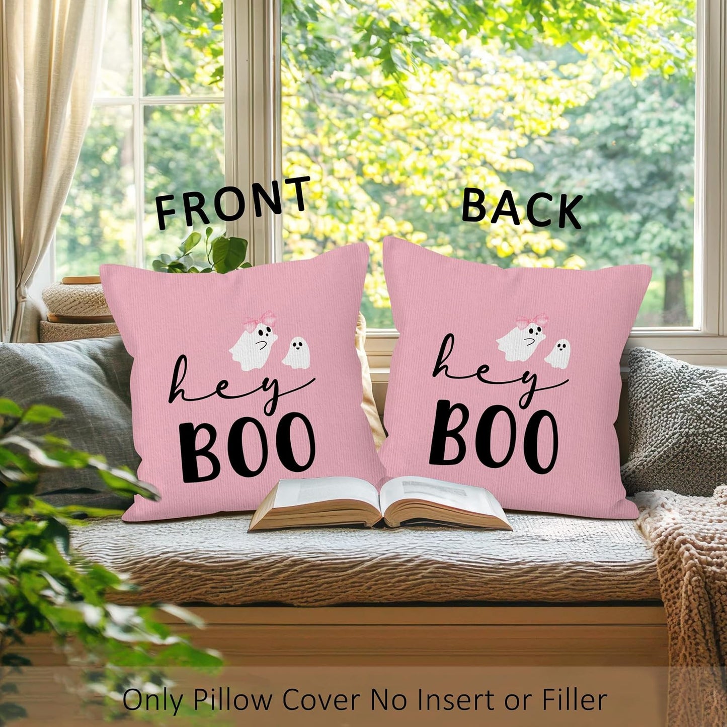 Halloween Hey Boo Throw Pillow Covers Set of 2, Pink Black Pumpkin Pillow Case Cover for Sofa Couch, Ghost Square Pillowcase, Halloween Decor Cushion Cover Case for Living Room, 18x18 Inch