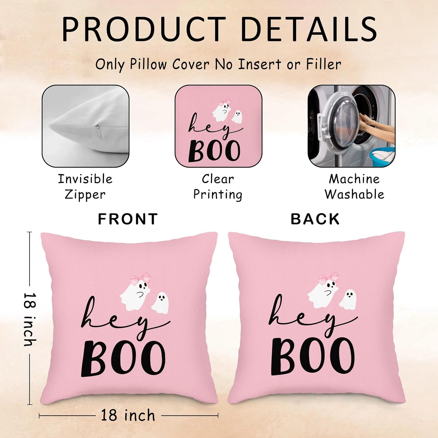 Halloween Hey Boo Throw Pillow Covers Set of 2, Pink Black Pumpkin Pillow Case Cover for Sofa Couch, Ghost Square Pillowcase, Halloween Decor Cushion Cover Case for Living Room, 18x18 Inch