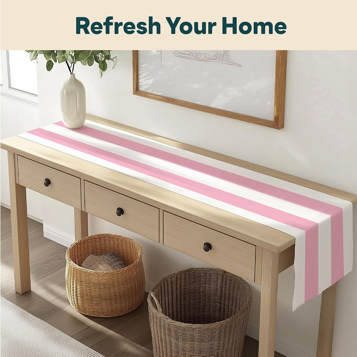 Fabric Textile Products | Pale Pink and White Striped Tablerunner | Cabana Table Decor | 12" x 72" | Machine Washable and Stain-Resistant for Easy Care | Made in The USA