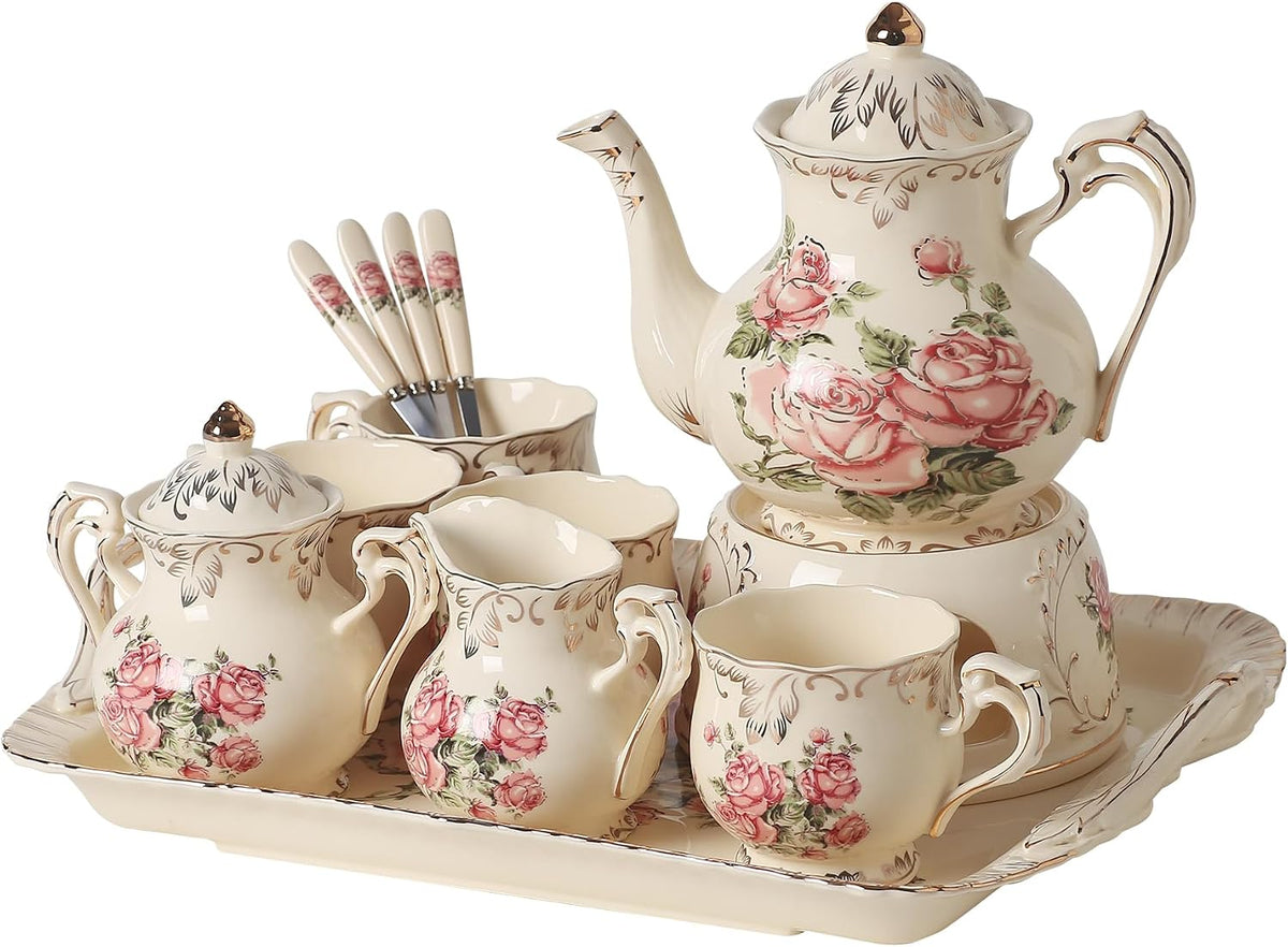 Ceramic Tea Set, 4 Cups and Spoons, One Sugar Bowl, One Milk Kettle, One Storage and Removeable Tray, for Home Party or Wedding Service, Pink Rose