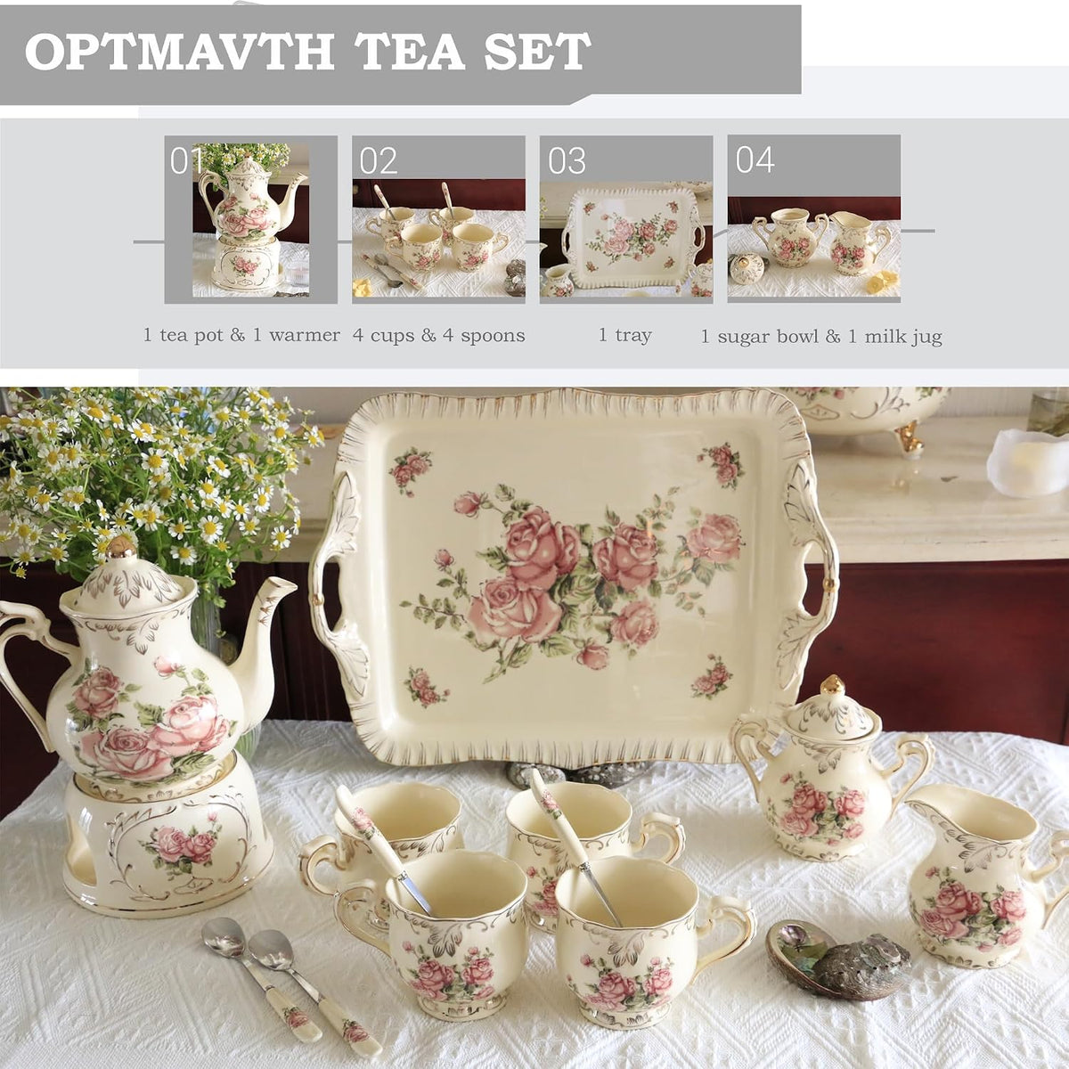 Ceramic Tea Set, 4 Cups and Spoons, One Sugar Bowl, One Milk Kettle, One Storage and Removeable Tray, for Home Party or Wedding Service, Pink Rose